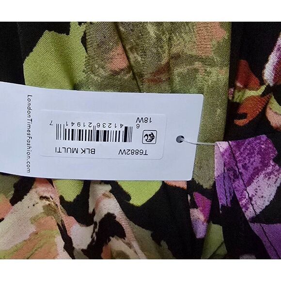 Floral multi color  Print V-Neck mock wrap Dress By London Times Woman 18W - Picture 6 of 7
